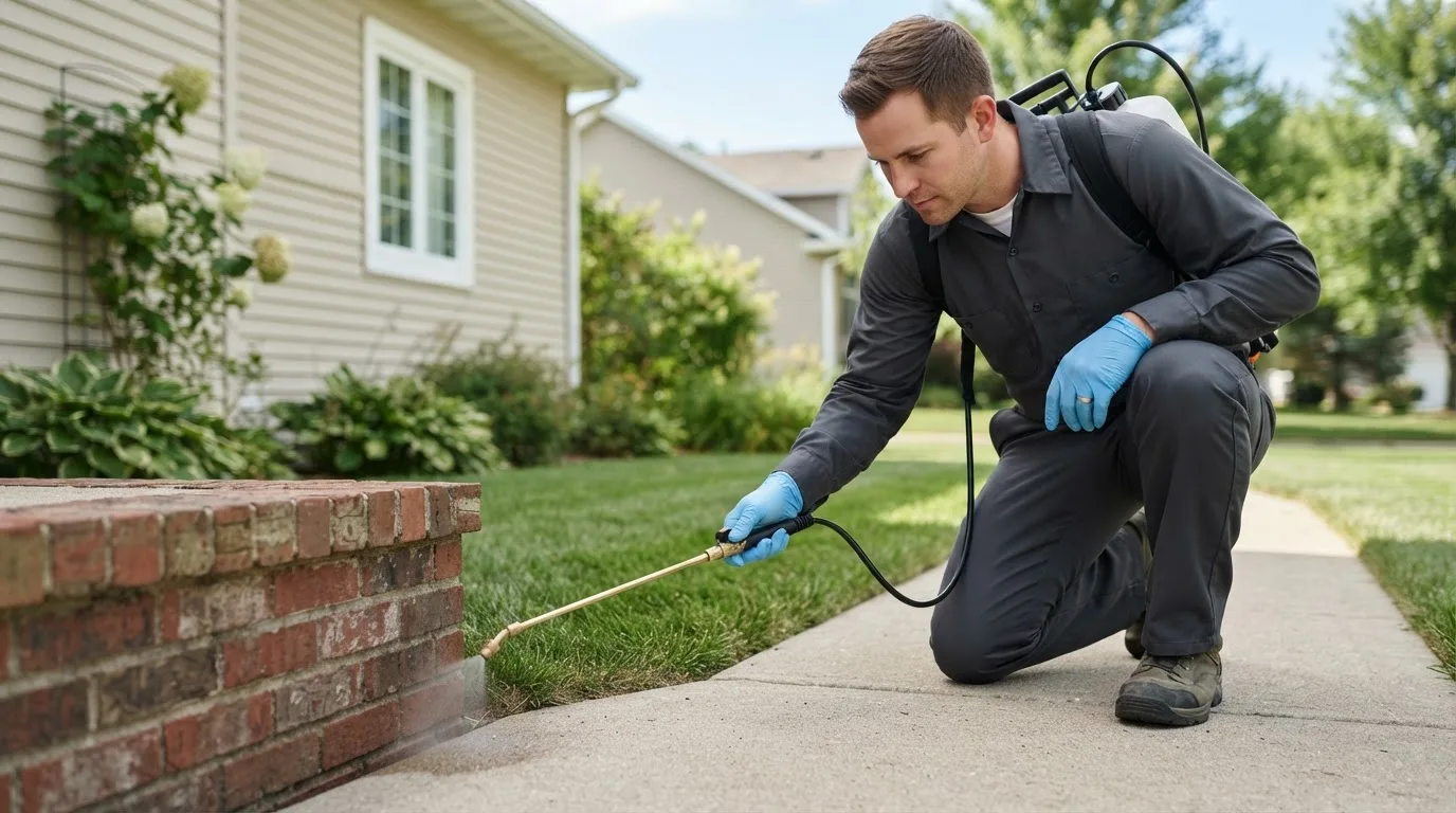 Pest control technician treating a home near Guide Rock, NE